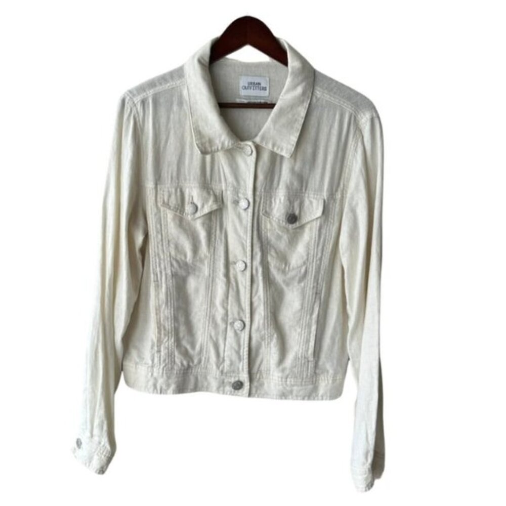 Urban Outfitters Linen Rayon Collared Classic Button-Down Jacket Off-White Large